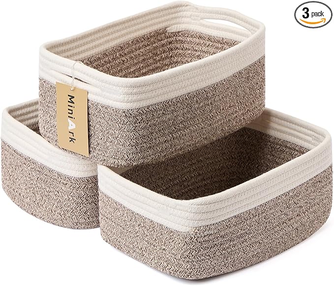 Small Storage Baskets for Organizing | Closet Organizer Bins | Shelf Toy Basket | Woven Rope Baskets | Cube Decorative Box | Shallow Basket | 13x8.5x5.1” | 3 Packs White Brown