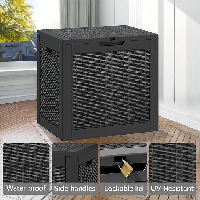 Outdoor Storage Box, Resin Deck Boxes Indoor and outdoor, Waterproof Storage Box Lockable Lid (Black, 35 Gallon)