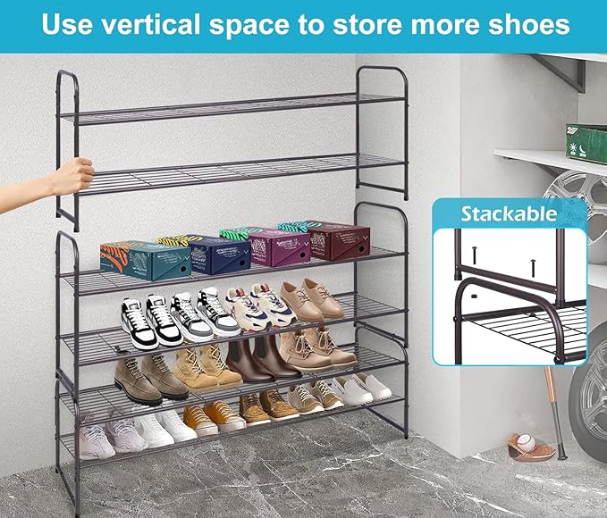 KEETDY 2-Tier Long Shoe Rack for Closet Entryway Shoe Organizer for 18 Pairs Sneakers, Metal Stackable Shoe Storage Shelf with Wire Grid for Bedroom, Floor, Bronze
