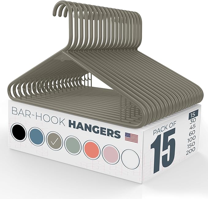 Neaties Plastic Hangers 15 Pack – Made in The USA – 6lb Capacity Standard Clothes Hangers with Strap Hooks for Dresses, Lingerie, Shirts, Pants, and Jackets – Gray