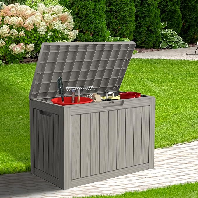 50 Gallon Outdoor Storage Box, Waterproof Deck Box with Build-in Handles and Lockable Lid, Outside Storage Box for Backyard Garden Tools, Patio Cushions, Package Delivery Box, Grey