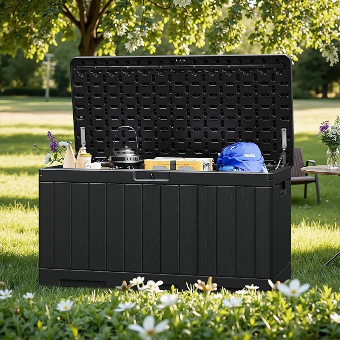 Greesum 90 Gallon HDPE Outdoor Storage Box - Waterproof, Large Capacity Deck Box for Patio, Yard, Garden Tools, Black