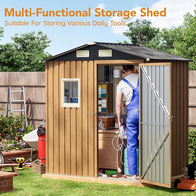 6X4FT Garden Storage Shed with Frame Floor & Lockable Door,Steel Tool Shed with 1 Clear Window, Anti-Corrosion Metal Shed for Backyard Patio Lawn (Light Wood Grain)