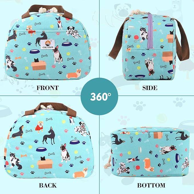 CaCTPUR Lunch Box for Women Girls Teens,Cute Lunch Box Cooler Bag, Portable Insulated Small Lunch Bag Women Reusable Corduroy Lunch Tote for Work/Travel/Picnic/School (Dog Green,Small)