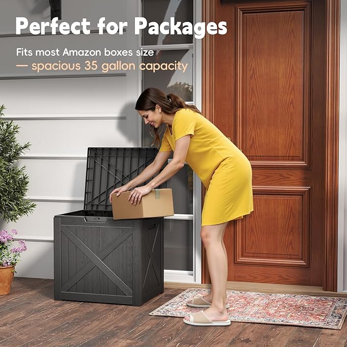 Outdoor Storage Box, 35 Gallon Deck Box, Resin Waterproof Patio Storage Bin for Package Delivery, Patio Furniture Cushion, Garden Tools, Pool Accessories, Weatherproof