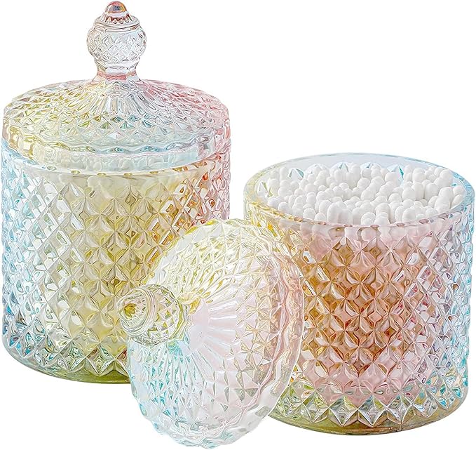 Qtip Holder Glass Apothecary Jars with Lid Bathroom Accessories Vanity Organizers and Makeup Storage for Cotton Swabs, Makeup Sponges, Bath Salts, Canister Dispenser, 2 Pack Rainbow