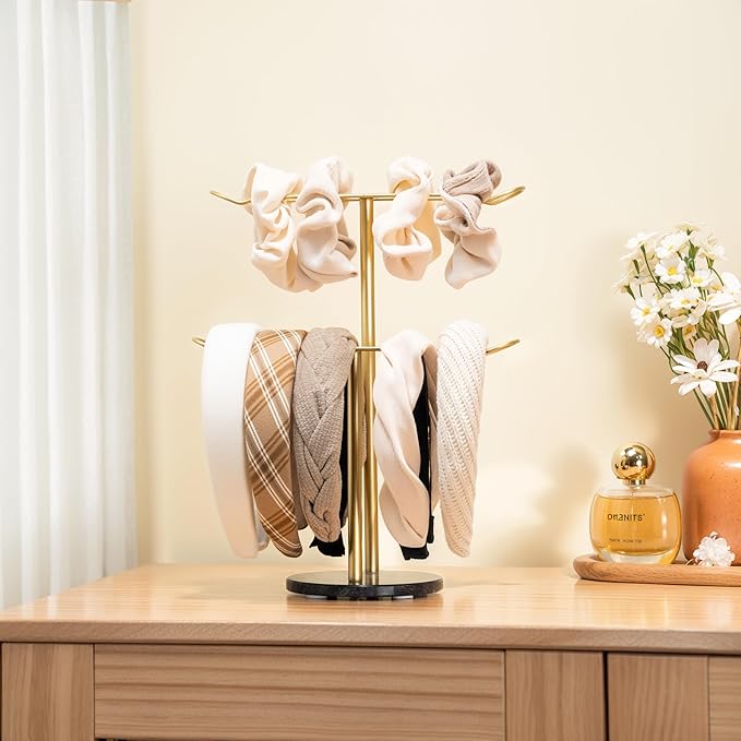 Headband Holder Organizer Two-Tier with Marble Base: Jewelry Display for Women, Hair Accessories Storage Stand Scrunchie Necklace rack for Girls, for Bathroom, Vanity, Dresser, Black and Gold