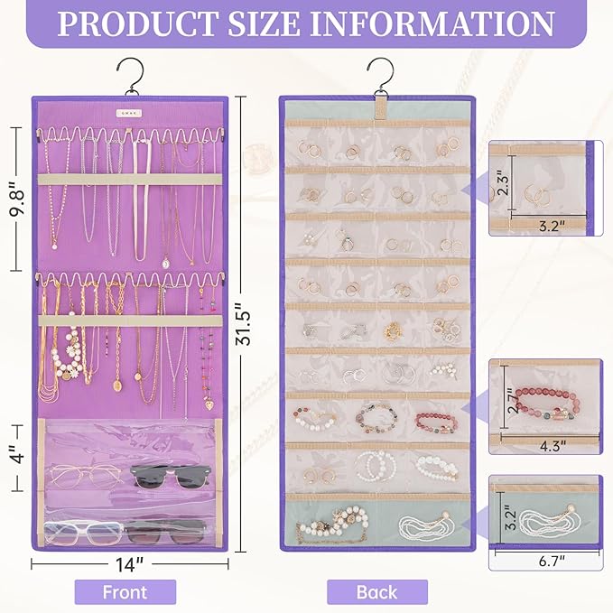 GMAK Hanging Jewelry Organizer with Hanger Metal Hooks, Double-Sided Jewelry Holder Accessories Organizer Storage Roll for Jewelry, Earrings, Bracelets, Necklaces, Rings - Light Purple