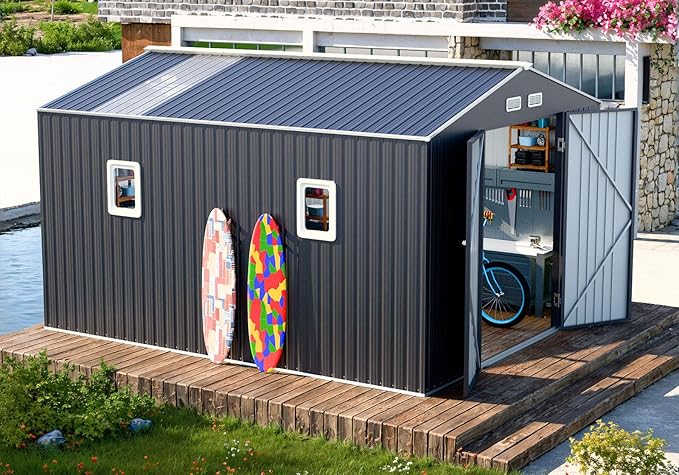 10x10 FT Metal Outdoor Storage Shed,Unique Clear Roof Window Lockable Double Door Vent Heavy Duty Reinforced Frame Waterproof Sheds for Garden Yard Store Large Lawnmower Tools,Dark Grey
