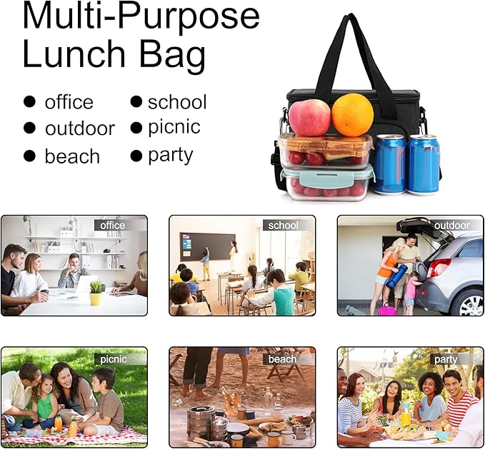 Femuar Reusable Lunch Box for Men/Women - Insulated Lunch Bag Leakproof Lunchbox for Work Office Picnic Beach - Freezable Lunch Cooler Bag with Adjustable Shoulder Strap - Black