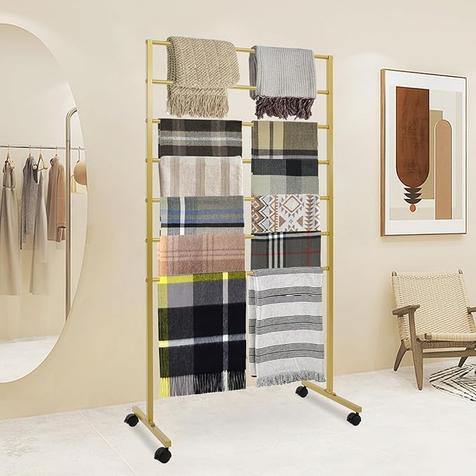 7-Tier Movable Scarf Organizer Holder Accessory Display Stand, Freestanding Metal Organizer Rack for Retail Stores, Towel, Belts, Ties, Pants