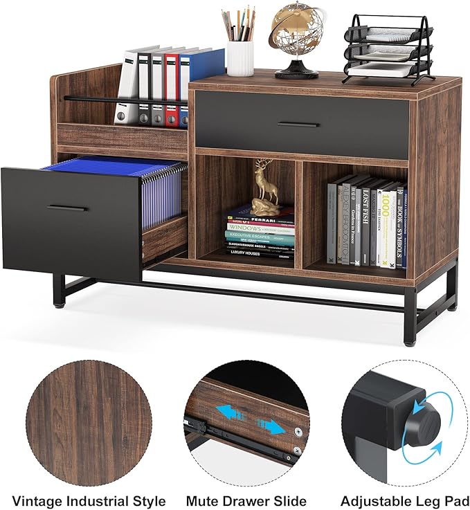 LITTLE TREE 39-Inch File Cabinet with 2 Drawers, Small Lateral Filing Cabinet Under Desk Storage, Wood Printer Stand with Open Storage Shelves for Home Office Organization