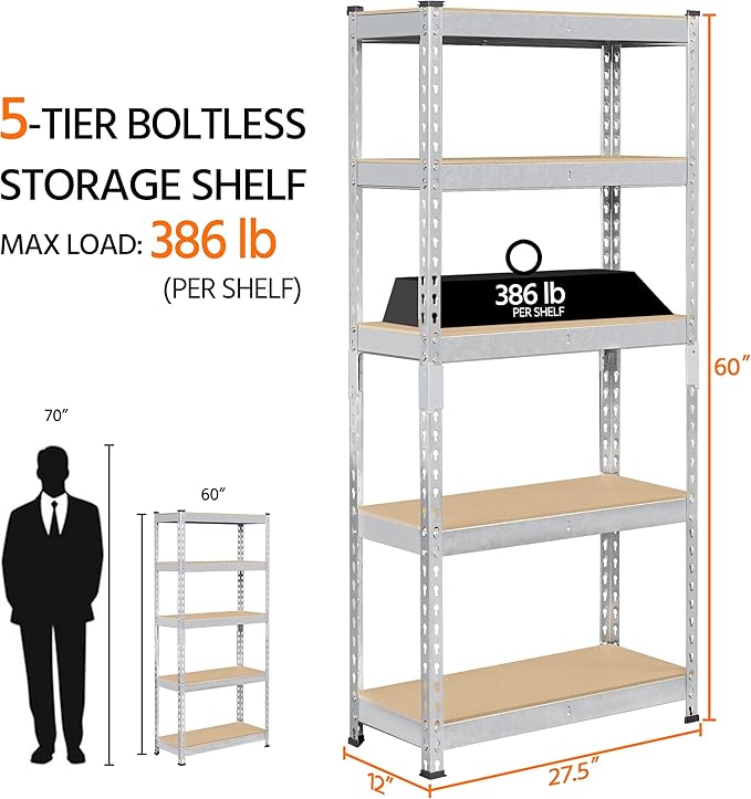 Topeakmart 5-Tier Utility Shelves, Metal Storage Shelves, Adjustable Shelving Units, Boltless Assembly, Garage Shelves Shed Shelving for Warehouse Garage Shed Basement- Silver, 27.5 x 12x 60 Inch