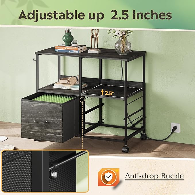 DEVAISE 3 Drawer Mobile File Cabinet, Rolling Printer Stand with Storage Shelf, Fabric Lateral Filing Cabinet fits A4 or Letter Size, Adjustable Shelf for Home Office, Charcoal Black Wood Grain Print