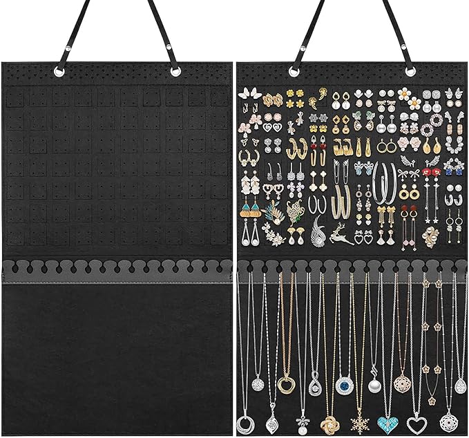 Hanging Jewelry Earrings Necklaces Holder For Women Large Capacity Wall Mounted Earring Bracelet Brooch Sunglasses Organizer (Black Earring Necklaces Holder)