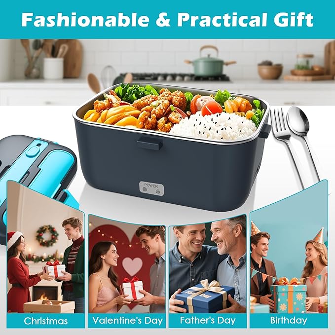 Electric-Lunch-Box-Heated-Food-Warmer 100W Heating Lunchbox for Adults 1.8L Portable Food Heater for Work/Car, 12V/24V/110-230V Lonchera Eléctrica Portátil with Fork Spoon (Gray+Blue)