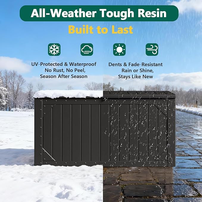 100 Gallon Outdoor Storage Box, Waterproof Resin Deck Box Organizer for Patio Cushion Storage, Lockable Outside Container for Garden Tools