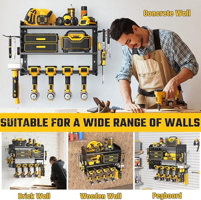 Power Tool Organizer, Heavy Duty Wall Mount Tool Organizer 3 Layers with 4 Drill Holders, Garage Tools Storage Rack with 2 Side Pegboards and Hooks for Workshop, Shed, Black