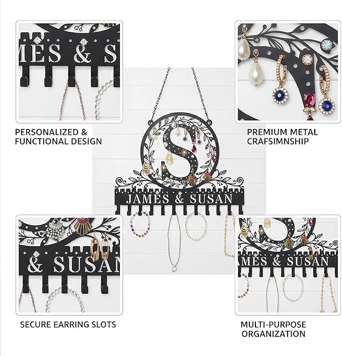 Personalized Letter Hanging Earring Organizer Wall Mounted Jewelry Rack for Earrings Necklaces Bracelets Space Saving Jewelry Display Stand Perfect Valentine's Day Gift