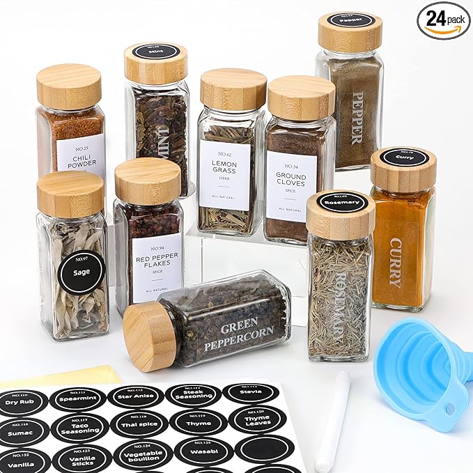 NETANY 24 Pcs Glass Spice Jars with Bamboo Lids, 4 oz Glass Jars with Minimalist Farmhouse Spice Labels Stickers, Collapsible Funnel, Seasoning Storage Bottles for Spice Rack, Cabinet, Drawer