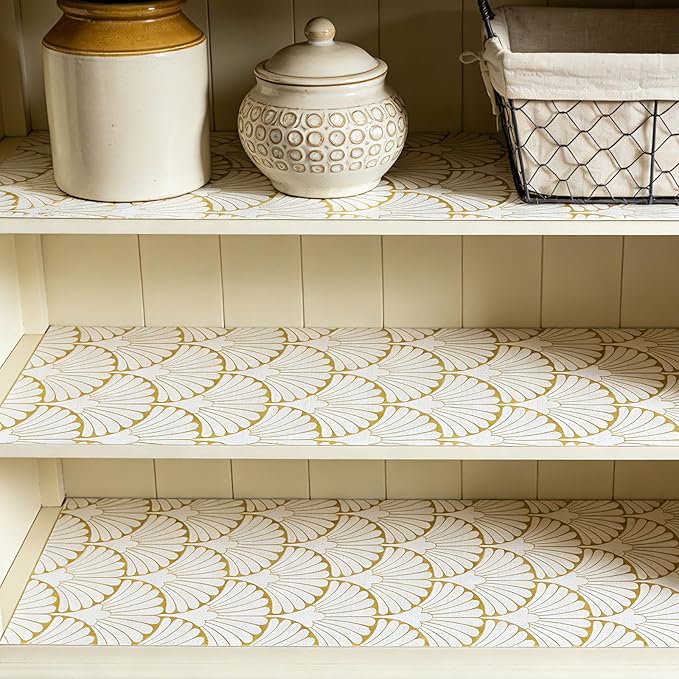 Shelf Liners Non Adhesive Gold Background White Fan-Shaped Pattern - Thickened Non-Slip Easy to Clean Drawer Liner for Kitchen Cabinets, Tool Box,Refrigerator,with Knife & Tape Measure,12in x 10FT