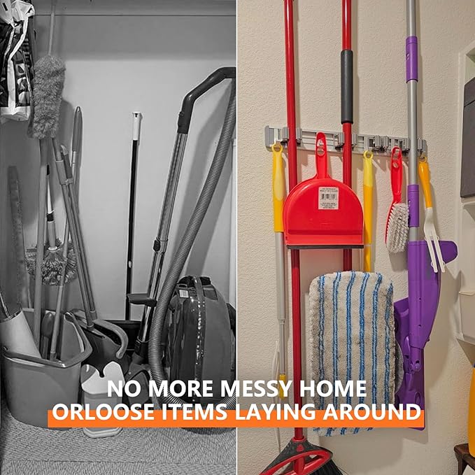 reliahom Broom Holder Wall Mount, 4 Racks with 5 Hooks Silver - Mop Storage Tool Racks, Broom Hanger Tool Organizer for Garage, Kitchen, Garden, Laundry Room