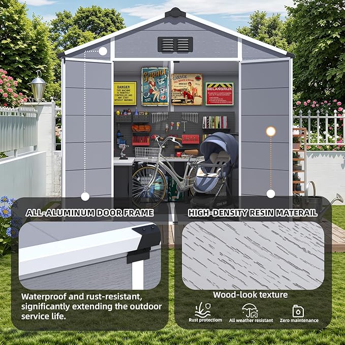 MELLCOM 8 x 8 FT Resin Outdoor Storage Shed with Floor, Storage Tool Shed with Windows and Lockable Door, Resin Garden Shed for Lawnmower, Bike, Pool Supply