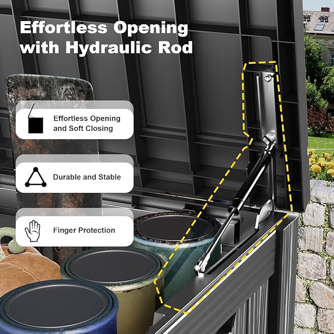 150 Gallon Waterproof Outdoor Storage Box, UV Resistant Resin Deck Box with Hydraulic Rod for Reinforced Stability, Perfect for Patio, Garden, and Pool, Striped Black