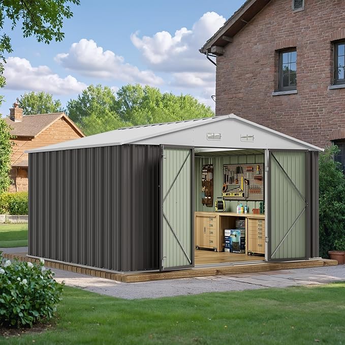 JUMMICO 10 x 8 FT Outdoor Storage Shed, Large Metal Garden Shed & Tool Sheds for Backyard Garden Patio Lawn (Grey)