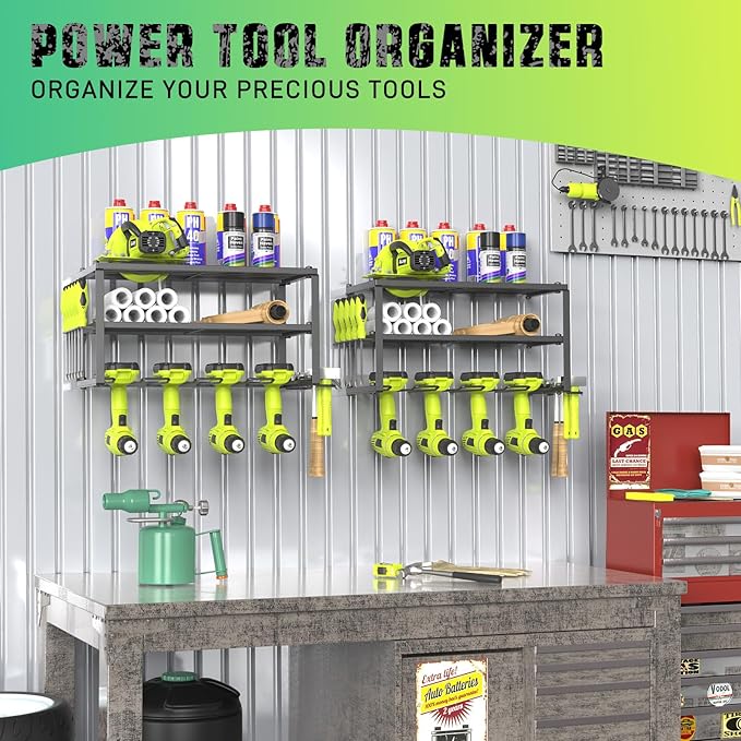 3-Tier Heavy Duty Steel Power Tool Organizer, Matte Black, 3 Layers Tool Rack Cordless Drill, Floating Shelf Wall Mounted, 4 Drill Holders