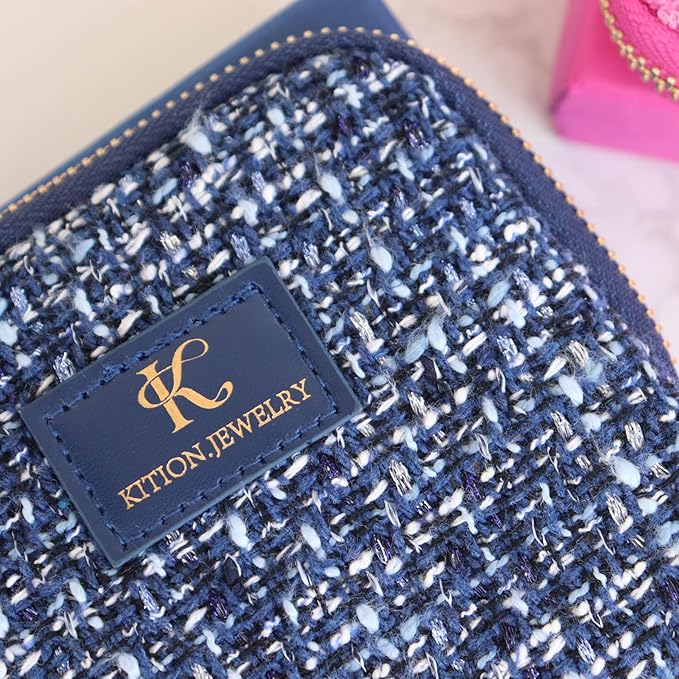 Travel Jewelry Organizer, Tweed Square Bag with 6 Compartments, Pink Zippered Case for Necklaces and Bracelets, Protective Storage Pouch (Navy Blue)