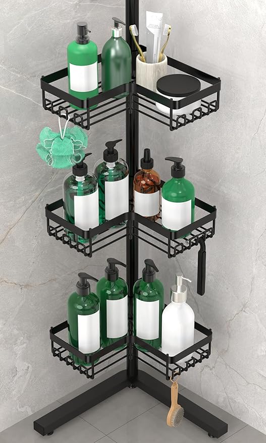 Floor Corner Shower Caddy, 3-Tier Rustproof Shower Shelf Organizer with Hooks, Free-Standing Bathroom Storage Rack for Shampoo & Toiletries, Black