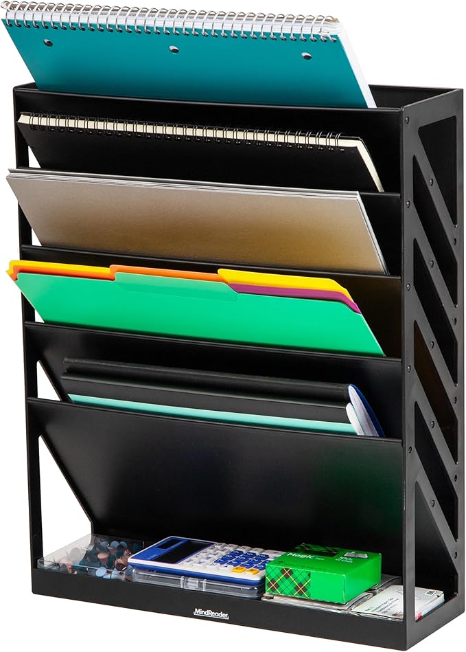 Mind Reader 5-Tier Vertical File Storage, Desktop Organizer, Wall Mount, Office, Plastic, 13"L x 4.25"W x 16"H, Black