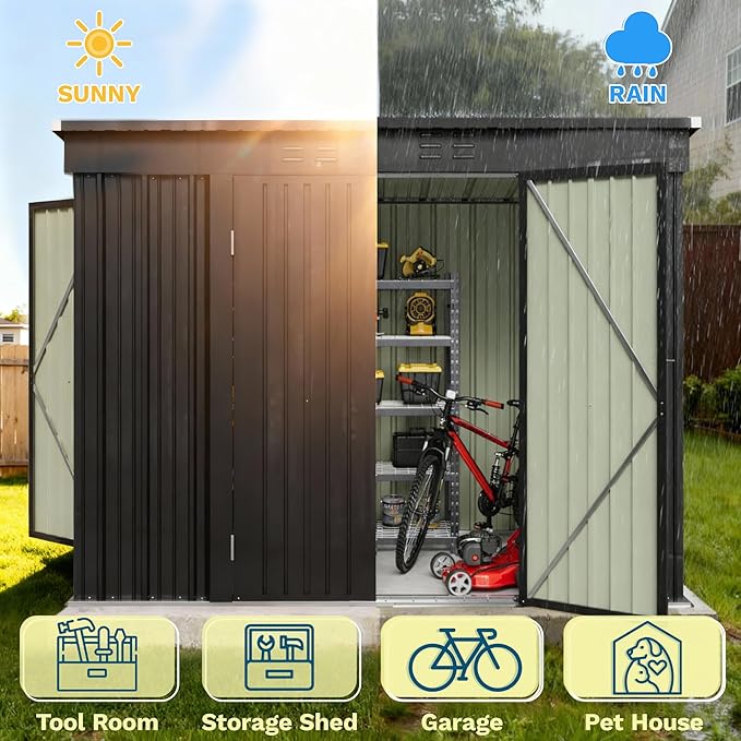 Patiowell 8x4 FT Outdoor Storage Shed, Heavy Duty Tool Metal Sheds with 3 Lockable Doors and Updated Frame Structure for Backyard Patio Lawn, Black