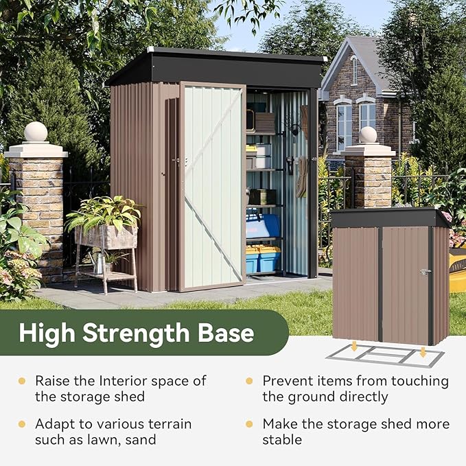 Aoxun 5’ x 2.9’ Shed Outdoor Storage Shed with Base Frame & Lockable Doors & Slooping Roof Metal Garden Tool Shed for Backyard, Patio, Poolside (Brown)