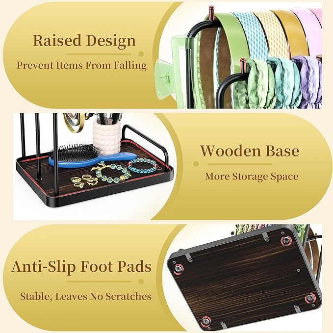 Headband Organizer, Adjustable Angle Hair Tie Holder, Metal Claw Clip Organizer, Hair Hoop Display Stand, Hair Ropes Bow Accessories Storage for Scrunchie Bracelet Bangles Necklace (Black)