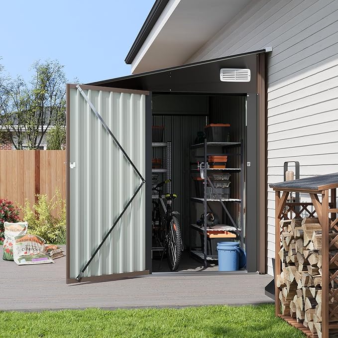 5x7 FT Lean to Shed, Outdoor Metal Storage Shed, Utility Steel Tool Shed with Lockable Door for Bike, Garden, Backyard, Patio, Lawn
