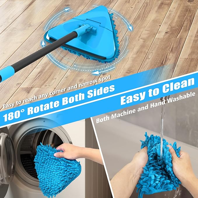 NEWE Wall Mop Cleaner with 80 Inches Long Handle, 180° Folding Ceiling Cleaning Tool with Squeegee (Blue)