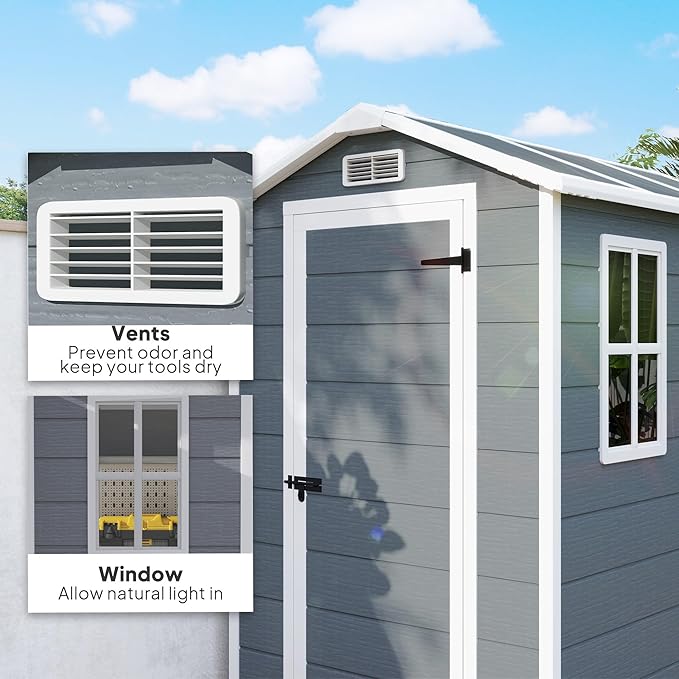 Outsunny 6' x 4' Outdoor Storage Shed, Waterproof Resin Plastic Shed with Floor, Window, Lockable Doors and Vents, All-Weather Garden Tool Shed for Backyard, Patio, Lawn, Gray
