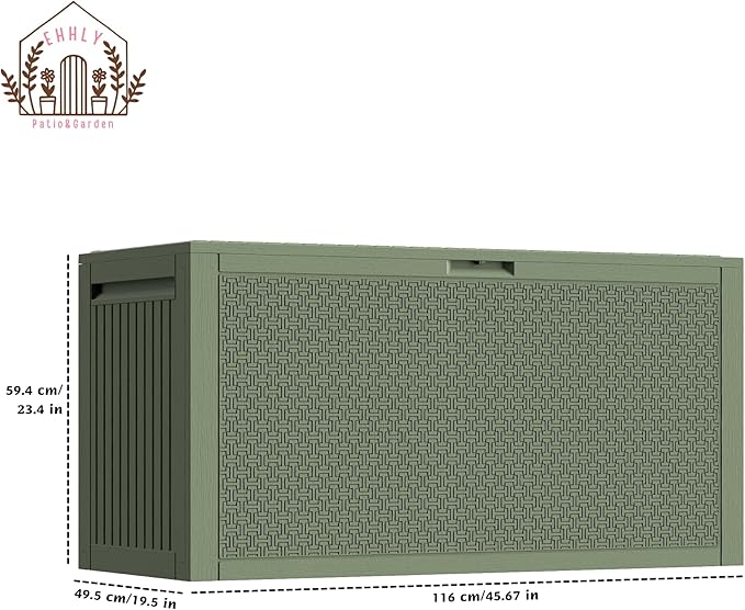 EHHLY 90 Gallon Outdoor Storage Box, Lockable Outside Storage Box Waterproof, Patio Cushions Deck Storage Boxes, Rattan Plastic Garden Hose Containers Resin Pool Storage Bins with lids, Sage Green