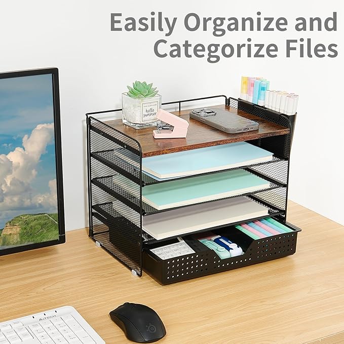 Desk Organizers and Accessories, 5-Tier Paper Letter Tray Organizer with Drawer & 2 Pen Holders, Desktop Organizer for Office Supplies (Wood)