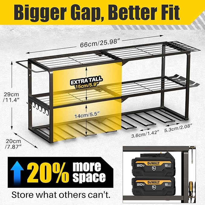 26''W Power Tool Organizer Wall Mount | 200lbs Garage Storage Rack with 7 Cordless Drill Holder | 3-Tier Heavy Duty Utility Shelf for Battery Workshop Organization