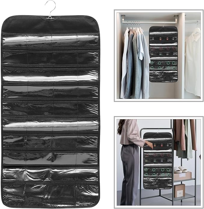 Garneck Hanging Jewelry Organizer Bag Double-sided 80-compartment Jewelry Storage Holder Black Dustproof Wardrobe Accessory Organizer for Necklace Earring Display