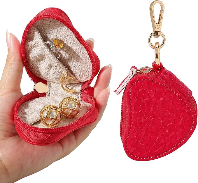 Jewelry Ring Holder Keychain – Portable Travel Gym Jewelry Storage Case for Rings Earrings Studs Necklace, Mini Jewelry Organizer Box Gym/Sports Jewelry Case (Jewelry Holder-Red)