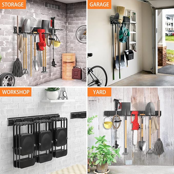 Garage Tool Organizer Wall Mount Garden Tool Organizer 11pcs Adjustable Garage Organizers with 8 Heavy Duty Hooks, Max Load 500lbs Garage Storage for Yard Garden Tools, Shovels, Trimmers, Hoses