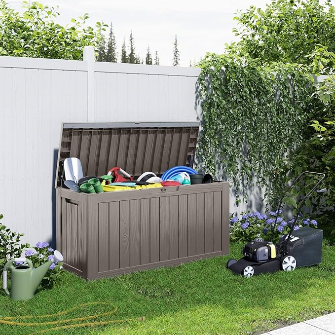 80 Gallon Outdoor Deck Box,Waterproof Resin Outdoor Storage Boxes, Outside Storage Lockable Container for Garden Tools,Indooor Cushions,Accessories (Grey)