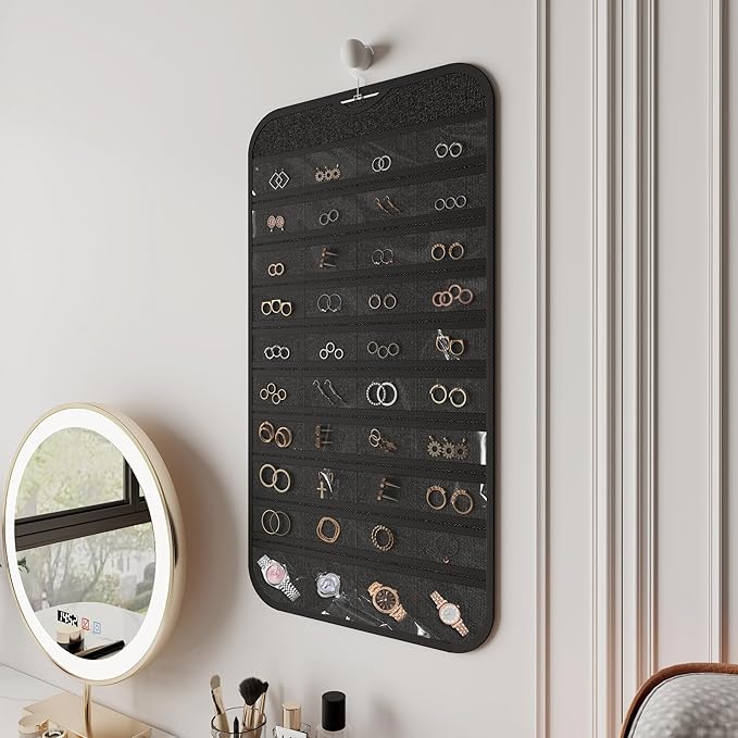 2 Pack Hanging Jewelry Organizer 80-Pocket Dual-sided Jewelry Storage for Earring Necklace Bracelet Ring Travel Holder, Black