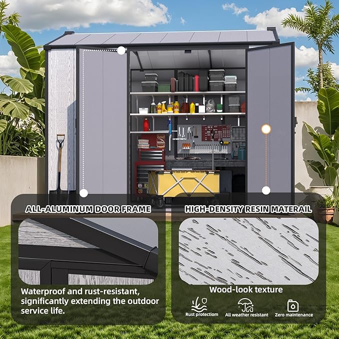 MELLCOM 6 x 8 FT Resin Outdoor Storage Shed with Floor, Resin Outdoor Storage Tool Shed with Windows and Lockable Door, Garden Shed for Lawnmower, Bike, Pool Supply