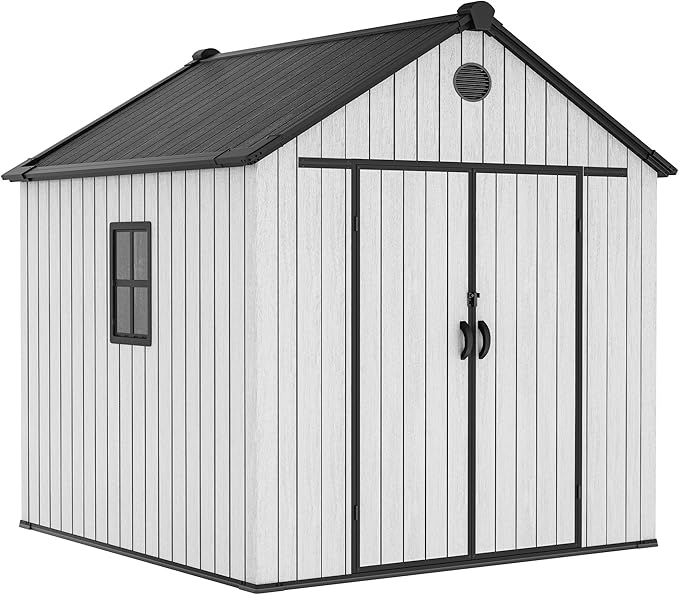 YITAHOME 8X8 ft Outdoor Plastic Storage Shed with Floor, 16mm Extra Thick Waterproof Garden Shed with Vision Window, Lockable Door & Vents, Heavy Duty Tool Storage for Patio, Lawn Mower, Bike, Gray