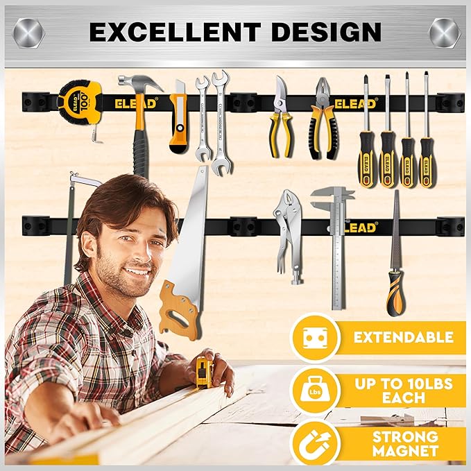 ELEAD 6-Piece 12" Magnetic Tool Holder Storage Organizer - Wall Mount Rack Garage Organization Power Magnet Hanger Workbench Board Slatwall Van Organizers Mounted Hanging Strip
